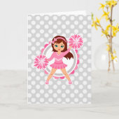 Roze Cheerleader Brunette - Cute Cheer Kaart (Gele Bloem)