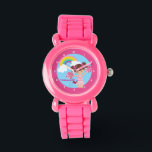 Roze Cheerleader Cute Custom Cheerleading Kinderen Horloge<br><div class="desc">Een vooraanstaand horloge met een meisje dat springt met roze en witte poompoms onder een regenboog in de blauwe hemel. Pas dit aan met de naam van je toekomstige cheerleader.</div>