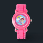 Roze Cheerleader Cute Custom Cheerleading Kinderen Horloge<br><div class="desc">Een vooraanstaand horloge met een meisje dat springt met roze en witte poompoms onder een regenboog in de blauwe hemel. Pas dit aan met de naam van je toekomstige cheerleader.</div>