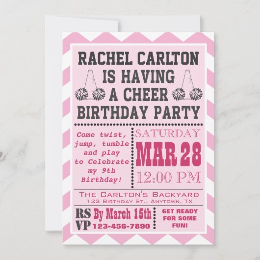 Roze Cheerleading Birthday Party Invitation Kaart (Voorkant)