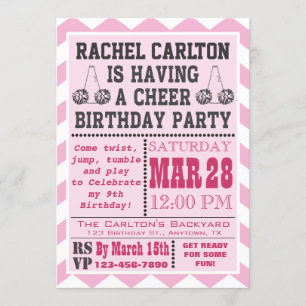 Roze Cheerleading Birthday Party Invitation Kaart