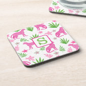 Roze cheeta monogram witte preppy bier onderzetter (Linkerzijde)