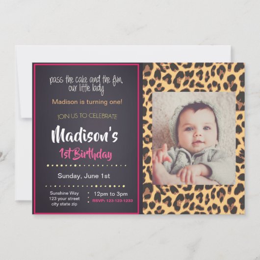 Roze Cheetah Birthday Uitnodiging met foto (Voorkant)