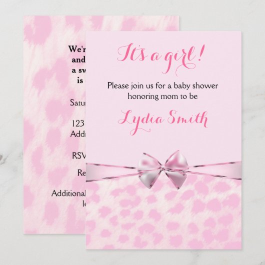 Roze Cheetah Leopard Bow Baby shower Meisje Uitnod Kaart (Voorkant / Achterkant)