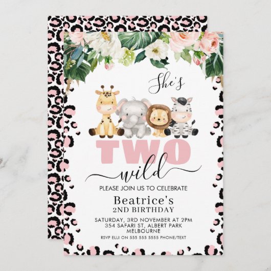 Roze Cheetah Print Cute Two Wild 2e verjaardag Kaart (Voorkant / Achterkant)