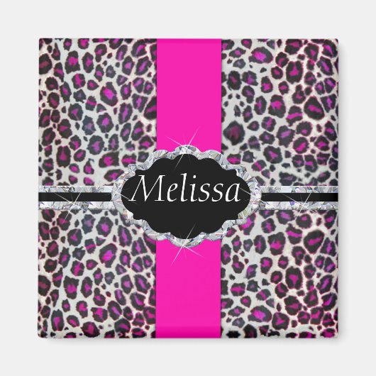 Roze Cheetah Print Diamond Monogram Magneet (Voorkant)