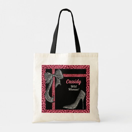 Roze Cheetah Print met naam op zwart Tote Bag (Achterkant)