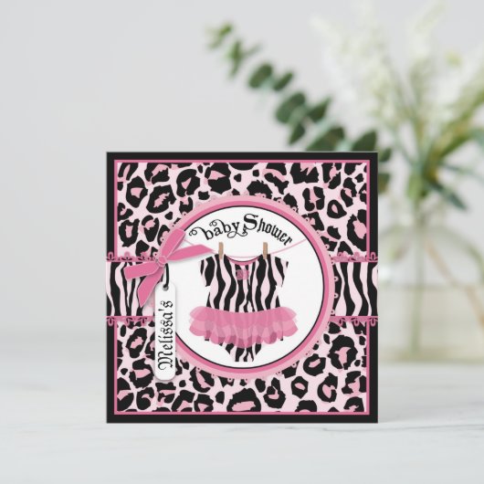 Roze Cheetah Print Rock Star Tutu Baby shower Kaart (Staand voorkant)