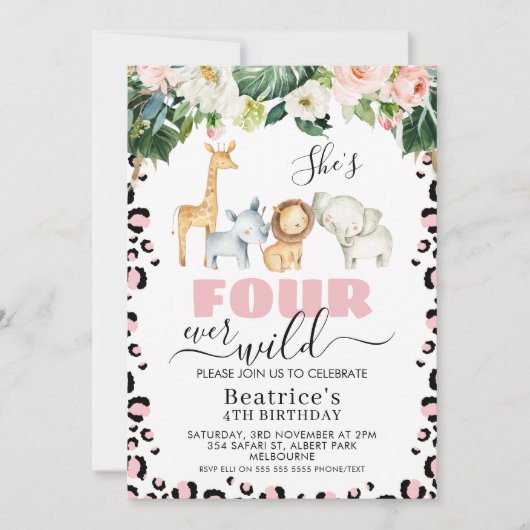 Roze Cheetah print Vier keer op vier jaar Wilde Vi Kaart (Voorkant)