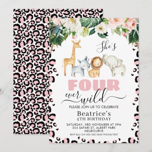 Roze Cheetah print Vier keer op vier jaar Wilde Vi Kaart (Voorkant / Achterkant)