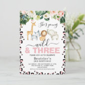 Roze Cheetah Print Young Wild and Three Birthday Kaart (Staand voorkant)