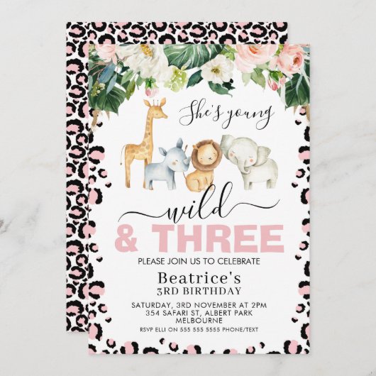 Roze Cheetah Print Young Wild and Three Birthday Kaart (Voorkant / Achterkant)