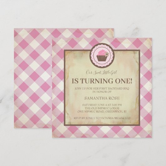 Roze chequer en cupcake Birthday BBQ Kaart (Voorkant / Achterkant)