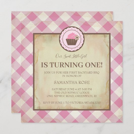 Roze chequer en cupcake Birthday BBQ Kaart (Voorkant / Achterkant)