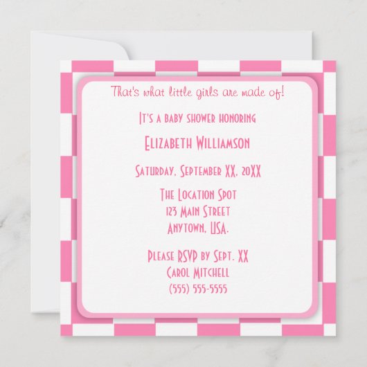 Roze cheques voor suiker en specerijen en Baby sho Kaart (Achterkant)