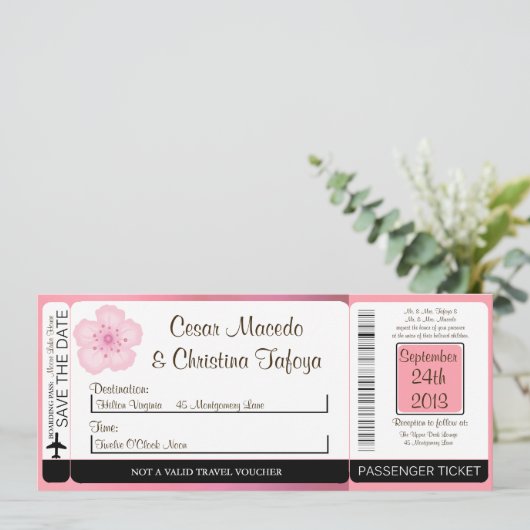Roze Cherry Bloss Boarding Pass Weddenschap Kaart (Staand voorkant)