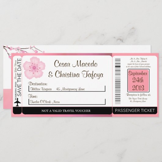 Roze Cherry Bloss Boarding Pass Weddenschap Kaart (Voorkant / Achterkant)