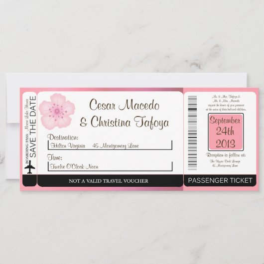 Roze Cherry Bloss Boarding Pass Weddenschap Kaart (Voorkant)