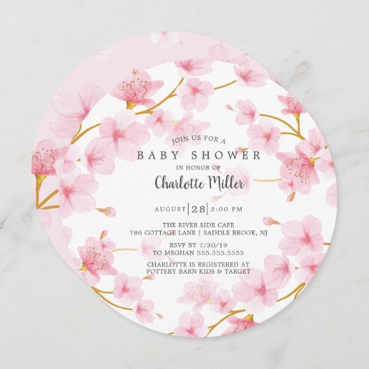 Roze Cherry Blossom Baby shower Kaart (Voorkant / Achterkant)