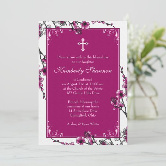 Roze Cherry Blossom Bevestiging Uitnodiging (Staand voorkant)