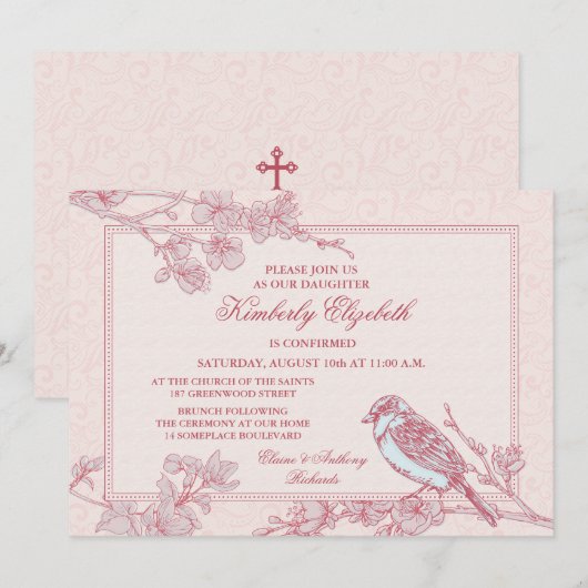 Roze Cherry Blossom Bird Bevestiging Uitnodiging (Voorkant / Achterkant)