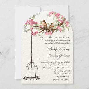 Roze Cherry Blossom  Birds Birdcage Wedding Kaart