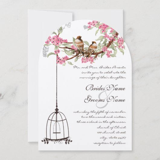 Roze Cherry Blossom  Birds Birdcage Wedding Kaart (Voorkant)
