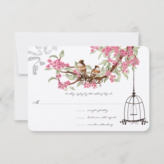 Roze Cherry Blossom Blauwgroen Birds Birdcage RSVP (Voorkant)