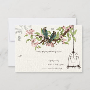 Roze Cherry Blossom Blauwgroen Birds Birdcage RSVP Kaartje