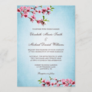 Roze Cherry Blossom  Blue Wedding Kaart