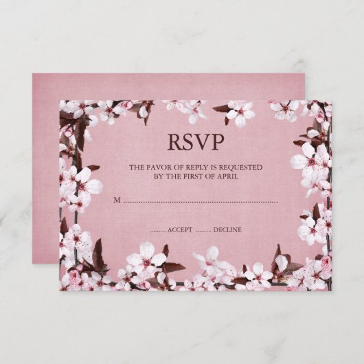 Roze Cherry Blossom Border RSVP Responskaarten (Voorkant / Achterkant)