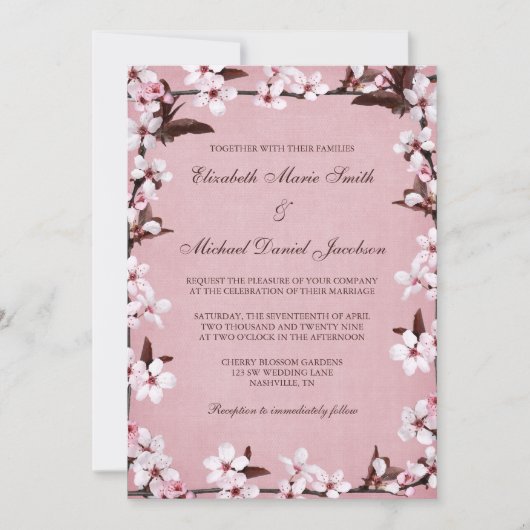 Roze Cherry Blossom Border Wedding Kaart (Voorkant)