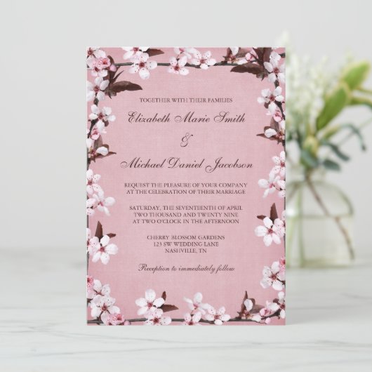 Roze Cherry Blossom Border Wedding Kaart (Staand voorkant)