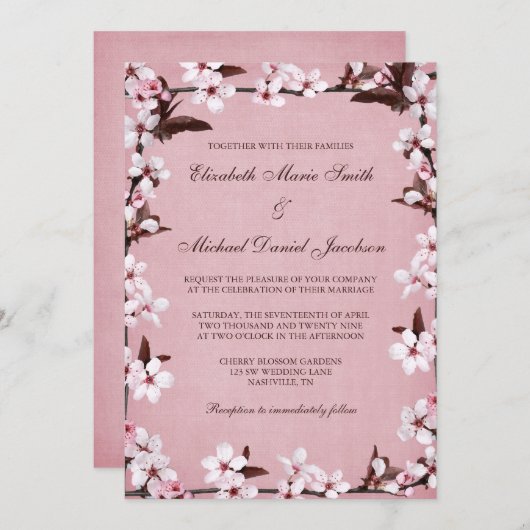 Roze Cherry Blossom Border Wedding Kaart (Voorkant / Achterkant)