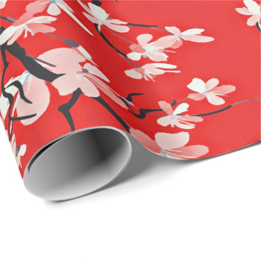 Roze Cherry Blossom Branches op Red Cadeaupapier (Rol Hoek)