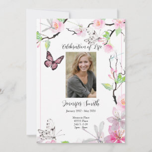 Roze Cherry Blossom & Butterfly Funeral Invite Kaart