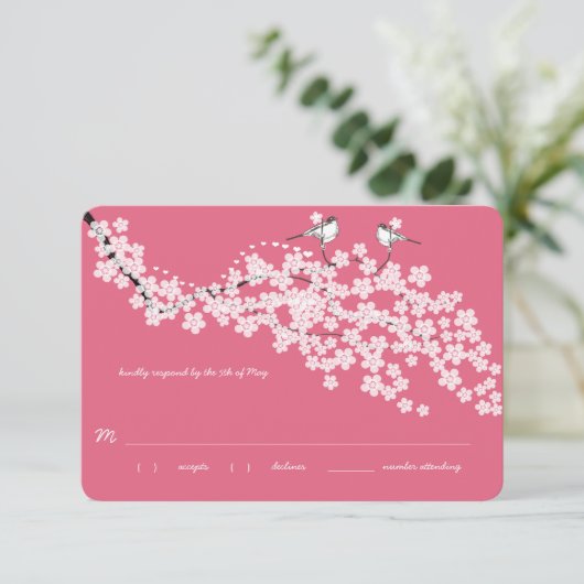 Roze  Cherry Blossom Chickadee Wedding RSVP (Staand voorkant)