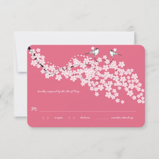 Roze Cherry Blossom Chickadee Wedding RSVP (Voorkant)