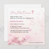 Roze Cherry Blossom First Communie Kaart (Voorkant / Achterkant)