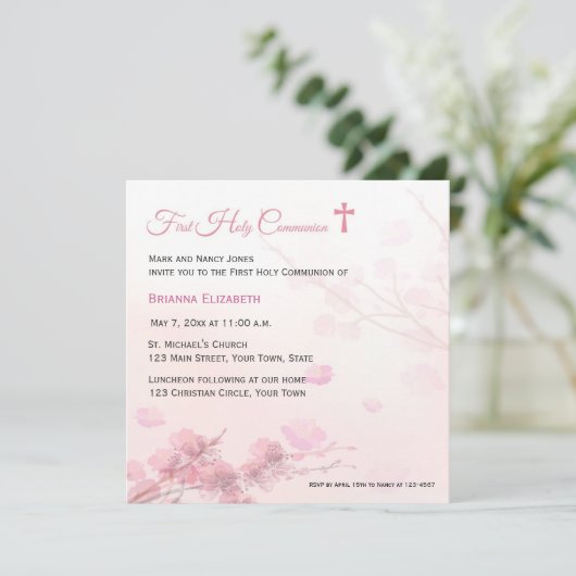 Roze Cherry Blossom First Communie Kaart (Staand voorkant)