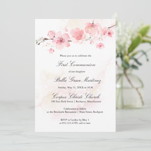 Roze Cherry Blossom First Heilige Communie Kaart (Staand voorkant)