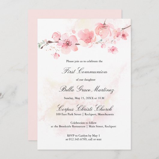 Roze Cherry Blossom First Heilige Communie Kaart (Voorkant / Achterkant)