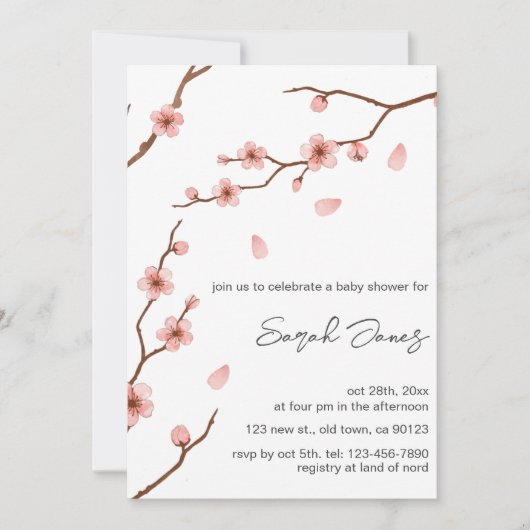 Roze Cherry Blossom Floral Baby shower Invitation Kaart (Voorkant)