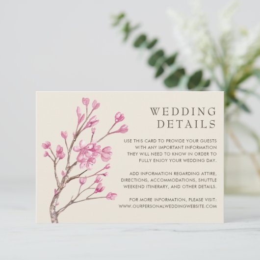 Roze Cherry Blossom Floral Elegant Wedding Informatiekaartje (Staand voorkant)