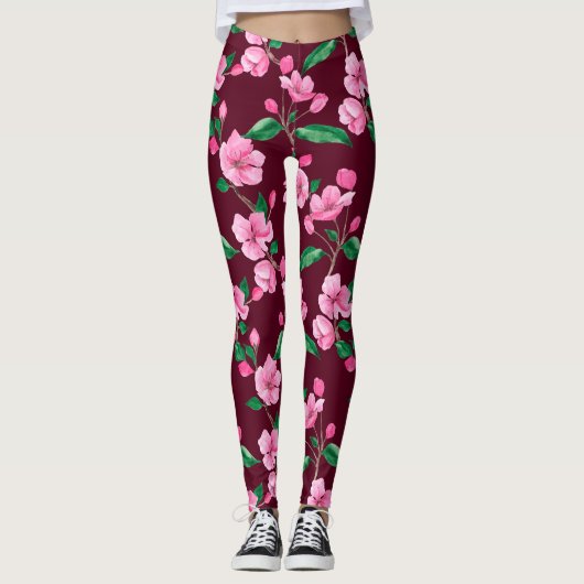 Roze Cherry Blossom Floral Leggings (Voorkant)