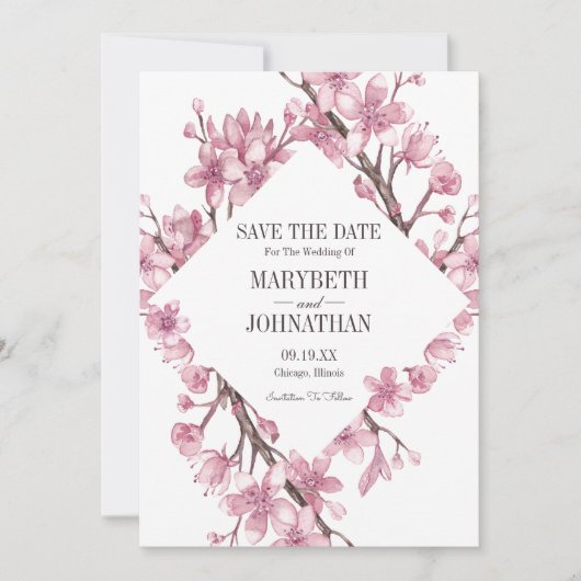 Roze Cherry Blossom Floral Lijst sparen de datum Save The Date (Voorkant)