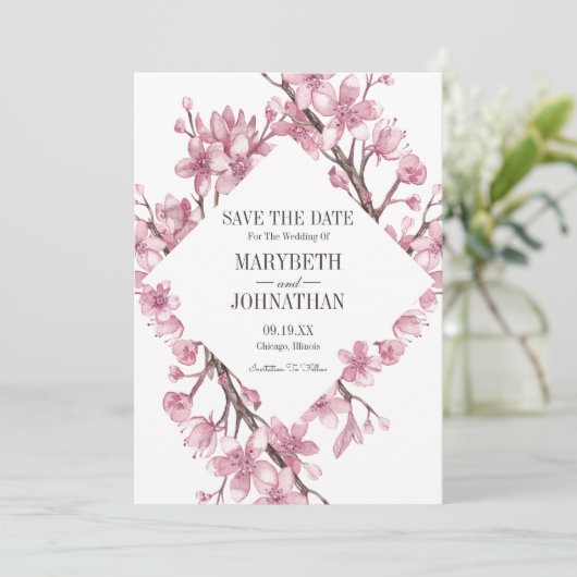 Roze Cherry Blossom Floral Lijst sparen de datum Save The Date (Staand voorkant)