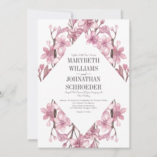 Roze Cherry Blossom Floral Lijst Wedding Kaart (Voorkant)