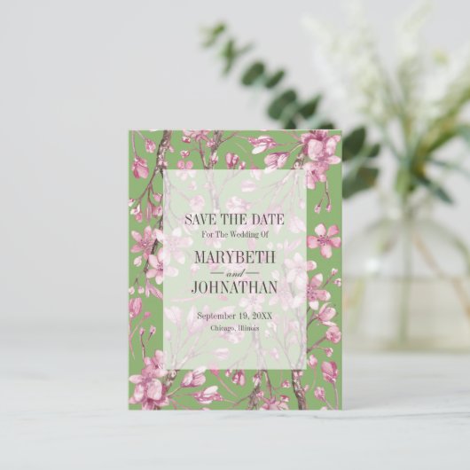 Roze Cherry Blossom Floral sparen de datum Uitnodiging Briefkaart (Staand voorkant)