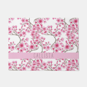 Roze Cherry Blossom Floral Waterverf Monogram Deurmat
